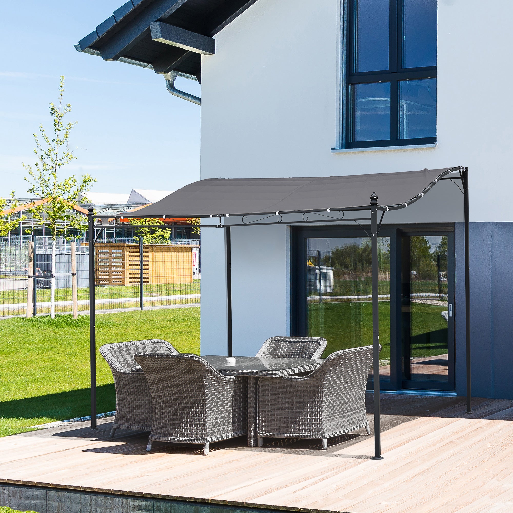 Outsunny 3x3m Freestanding Metal Wall Awning Canopy Grey 