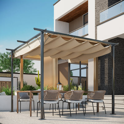 Outsunny 3 x 3(m) Metal Pergola with Retractable Roof, Garden Gazebo Metal Pergola Canopy. Outdoor Sun Shade Shelter for Party BBQ, Beige 