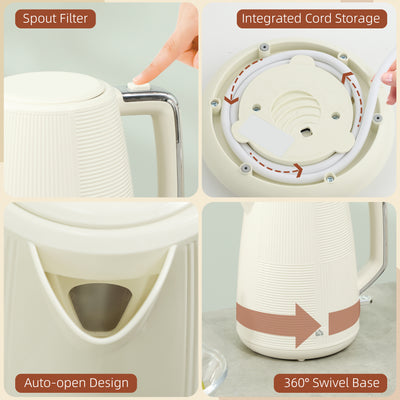 HOMCOM Kettle and Toaster Set, 1.7L 3000W Fast Boil Kettle & 2 Slice Toaster Kitchen Set with 7 Level Browning Controls, Defrost, Reheat, Boil-dry Protection, Cream White 