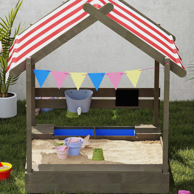 Outsunny House-Designed Wooden Sandbox, Outdoor Sandpit, with Blackboard, Toys, Sink, Seats, Flags, for Ages 3-7 Years - Grey 