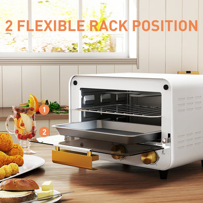 HOMCOM Small Toaster Oven, 12L Multifunction Mini Countertop Oven with Glass Door, Adjustable Temperature and Timer, Accessory Included, 750W, White 