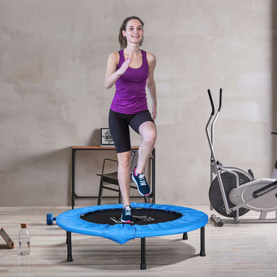HOMCOM \'ce\'a6101 Mini Fitness Trampoline Home Gym Yoga Exercise Rebounder Indoor Outdoor Jumper with Safety Pad, Support Up to 100 KG, Blue and Black 