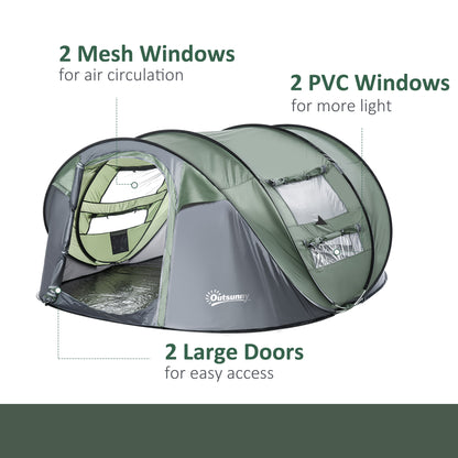 Outsunny 4-5 Person Pop-up Camping Tent Family Tent w/ 2 Mesh Windows & PVC Windows Portable Carry Bag for Outdoor Trip, Dark Green 