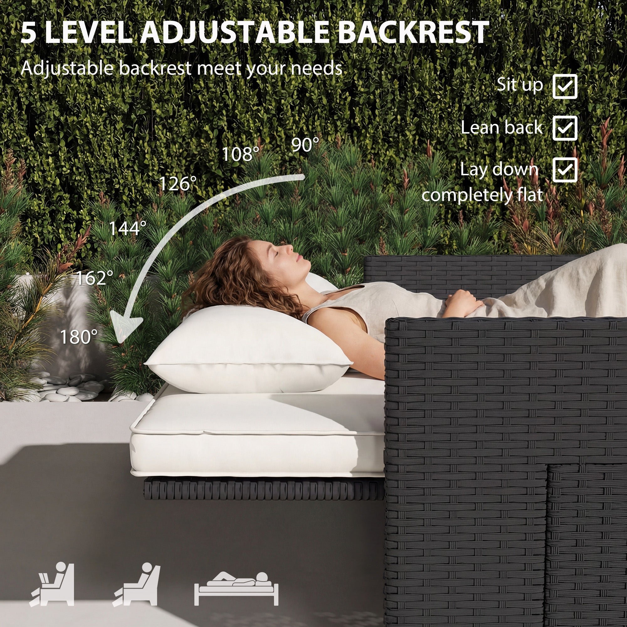 Outsunny Rattan Garden Daybed, Double Sun Lounger with 5-Level Adjustable Back, Storage Ottoman, Cream White 