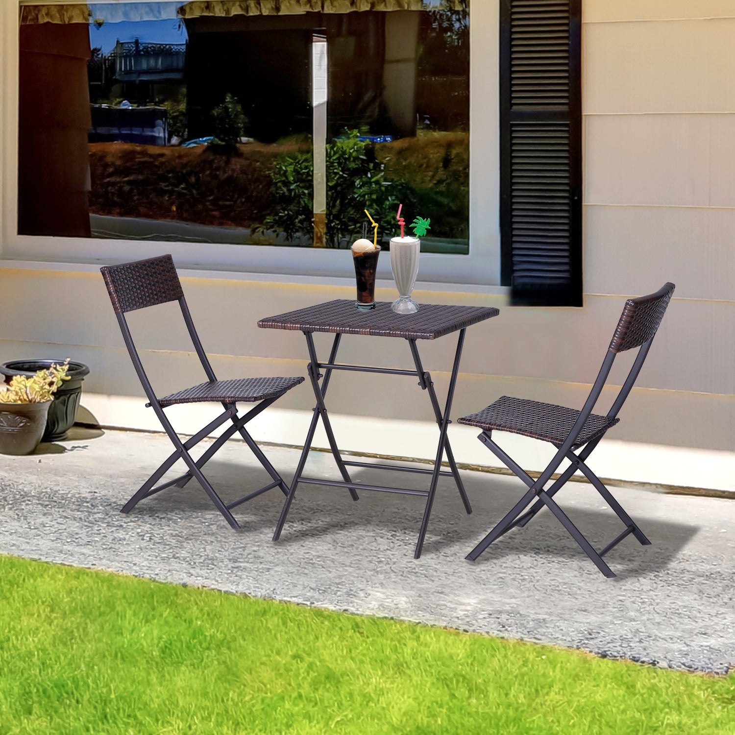 Outsunny 2-Seater Rattan Bistro Set: 1 x table, 2 x chairs-Brown 