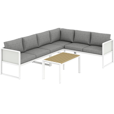 Outsunny 6 Seater Metal Garden Furniture Corner Sofa Set with 3 Loveseats, Faux Wood Table, Texteline Seat, Cushions, White 