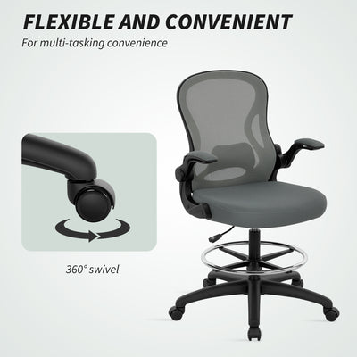 Vinsetto Drafting Chair, Ergonomic Tall Office Chair with Flip-up Armrests, Mesh Back, Lumbar Support, Adjustable Height and Foot Ring, Swivel Wheels, for Standing Desk, Charcoal Grey 