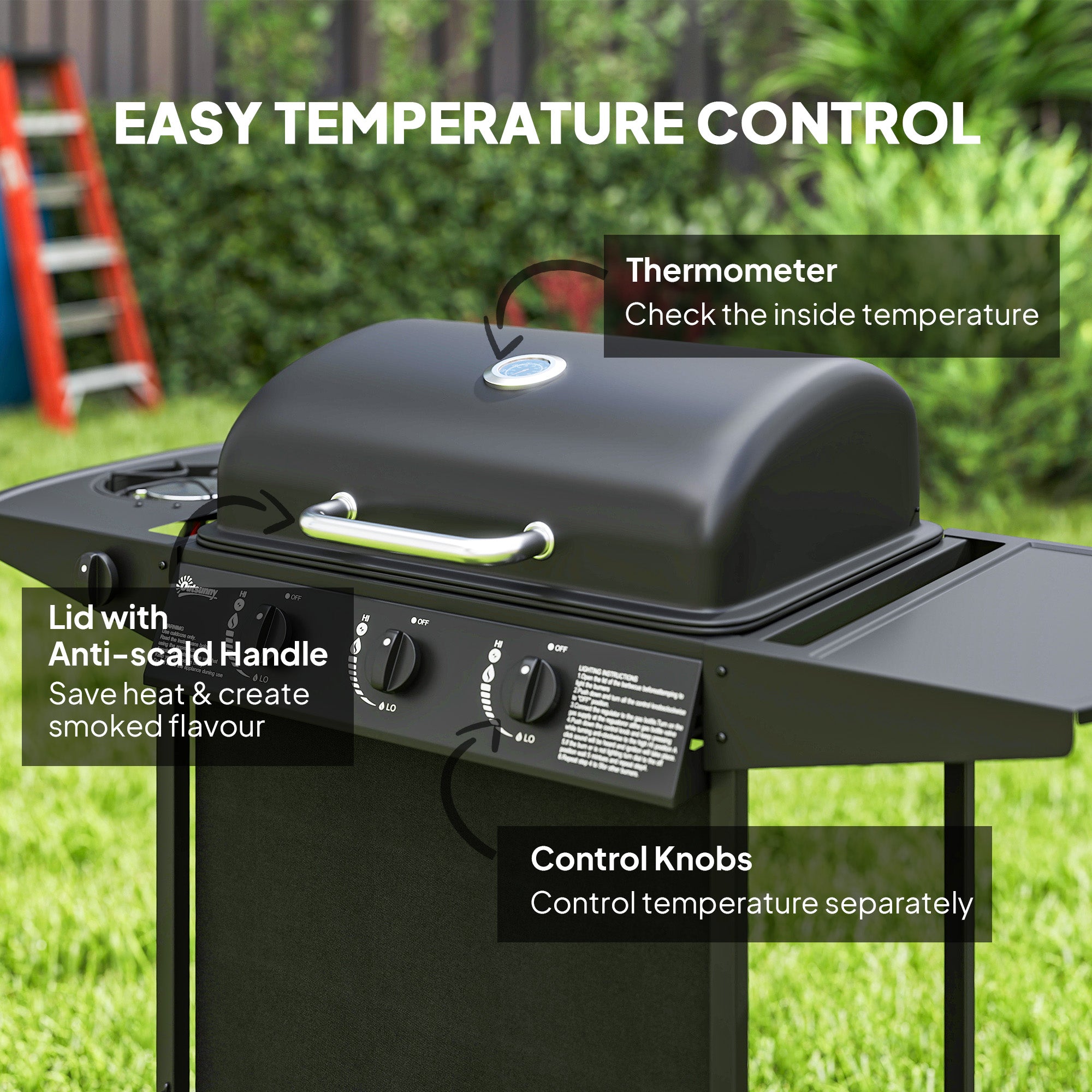Outsunny 3+1 Burner Gas BBQ Grill, Portable Gas Barbecue Grill with Built-in Thermometer, Lid, Side Table, Shelf, Spice Rack, Wheels, Grease Cup for Garden Party Outdoor Cooking, Black