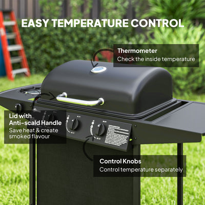 Outsunny 3+1 Burner Gas BBQ Grill, Portable Gas Barbecue Grill with Built-in Thermometer, Lid, Side Table, Shelf, Spice Rack, Wheels, Grease Cup for Garden Party Outdoor Cooking, Black 