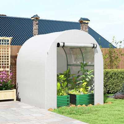 Outsunny Walk in Polytunnel Greenhouse, Green House for Garden with Roll-up Window and Door, 1.8 x 1.8 x 2 m, White 