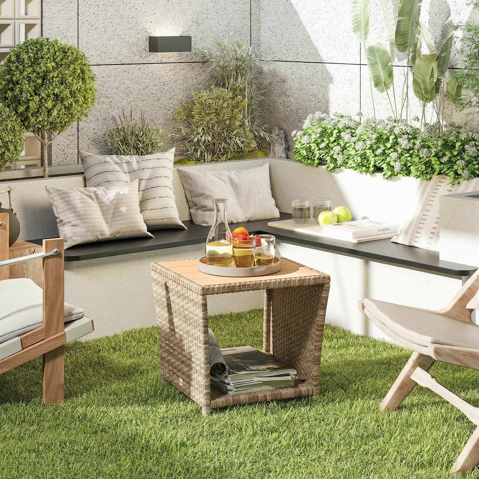 Outsunny Side Table 2-Tier Outdoor Coffee Table with Storage Shelf PS Wood Slat Top/Khaki 