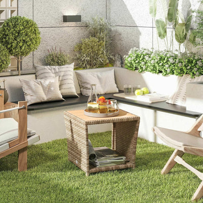 Outsunny Side Table 2-Tier Outdoor Coffee Table with Storage Shelf PS Wood Slat Top/Khaki 