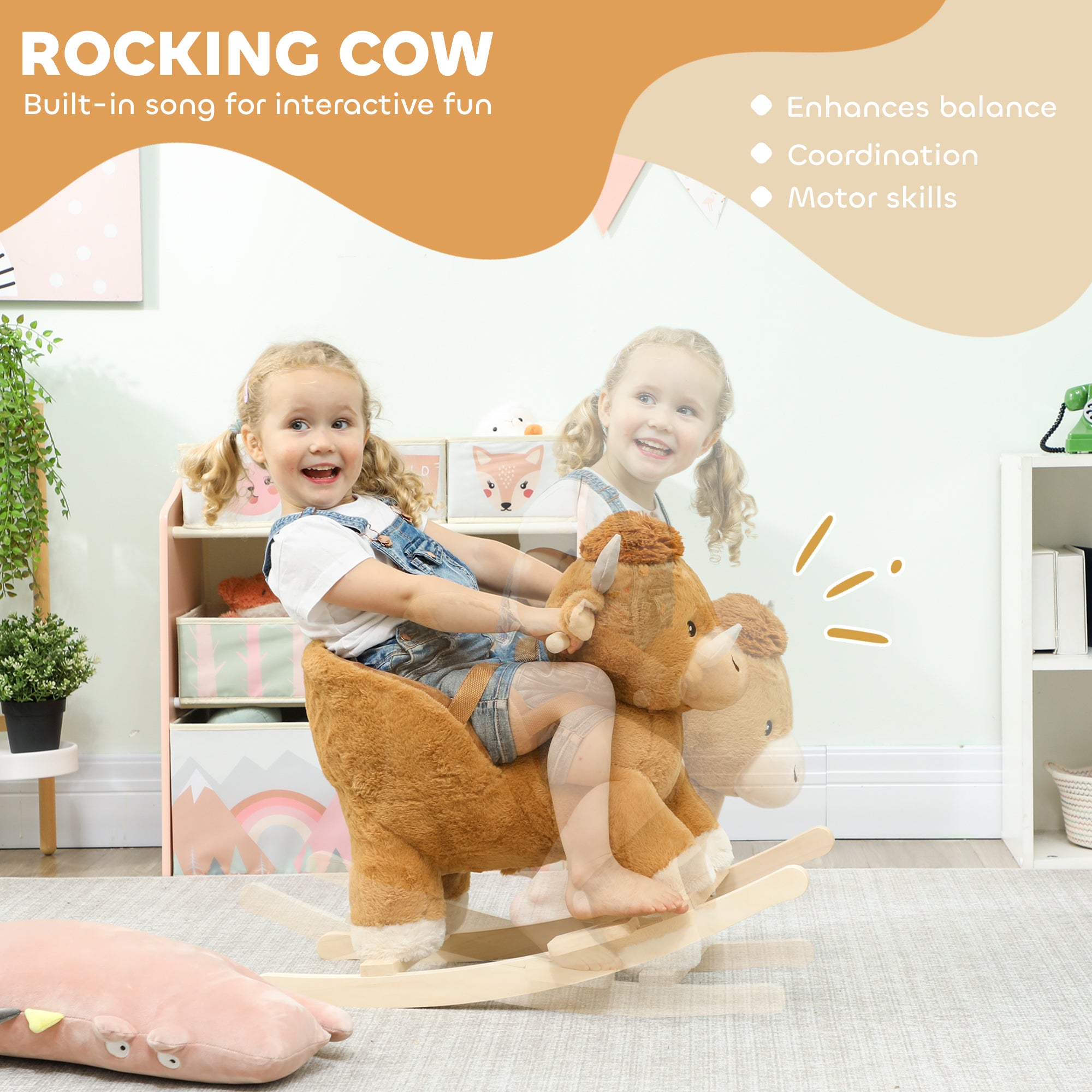 AIYAPLAY Baby Rocking Horse with Safety Belt, Wood Base, Animal Rocker for Children, Brown 