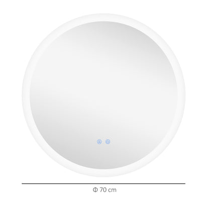 kleankin Round Bathroom Mirror with LED Lights, Wall-Mounted Dimmable Makeup Mirror with 3 Temperature Colours, Defogging Film, Memory Function, Hardwired, 70 x 70\'c2\'a0cm