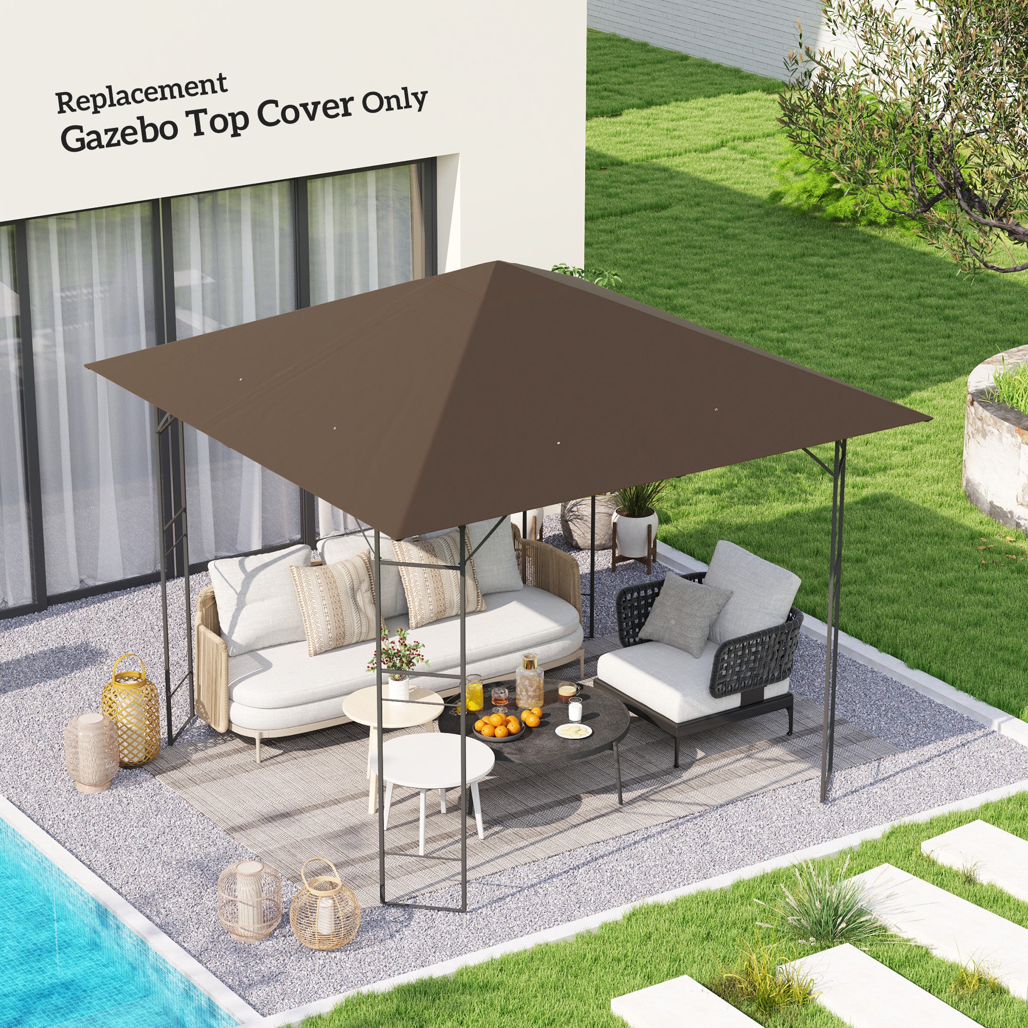 Outsunny 3 x 3(m) Gazebo Canopy Replacement Cover, Garden Gazebo Roof Replacement with Drain Holes, Water-resistant Plastic Coating, 370g/\'e3\'8e\'a1, UPF30+, TOP COVER ONLY, Brown