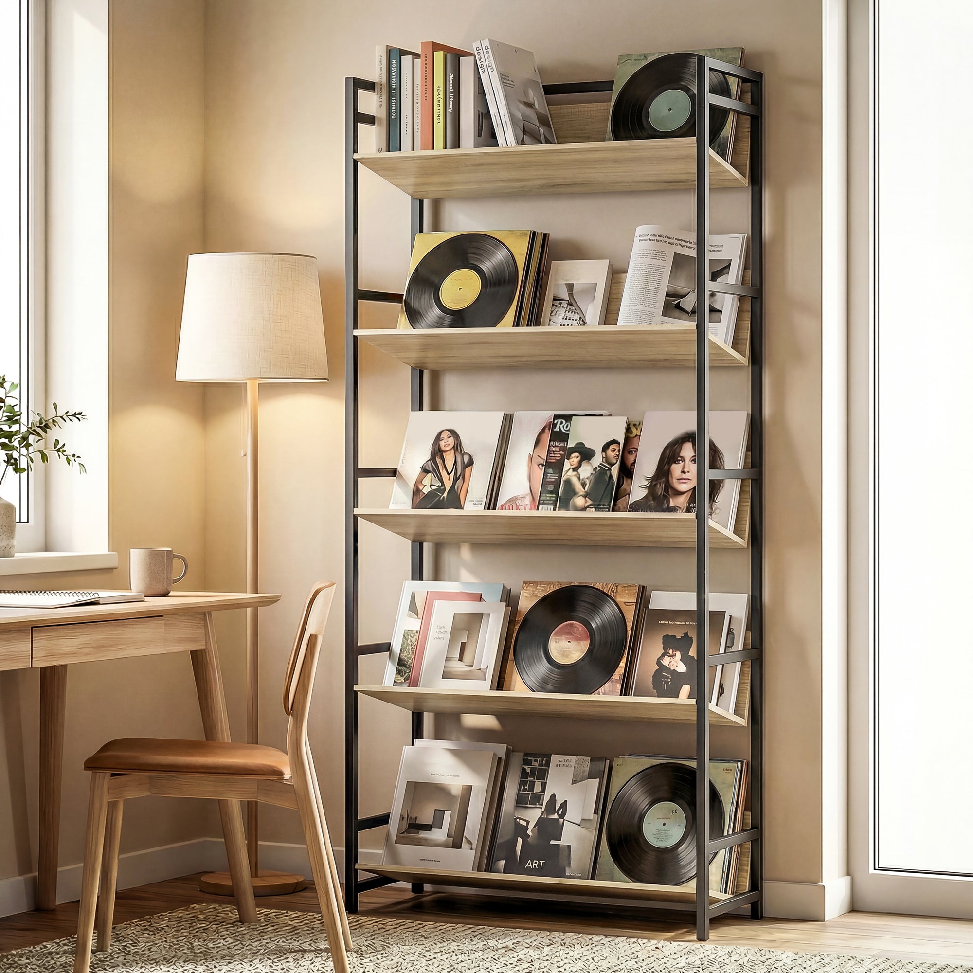 HOMCOM Bookshelf 5-Tier Metal Frame Bookcase Storage Shelves for Living Room Oak 