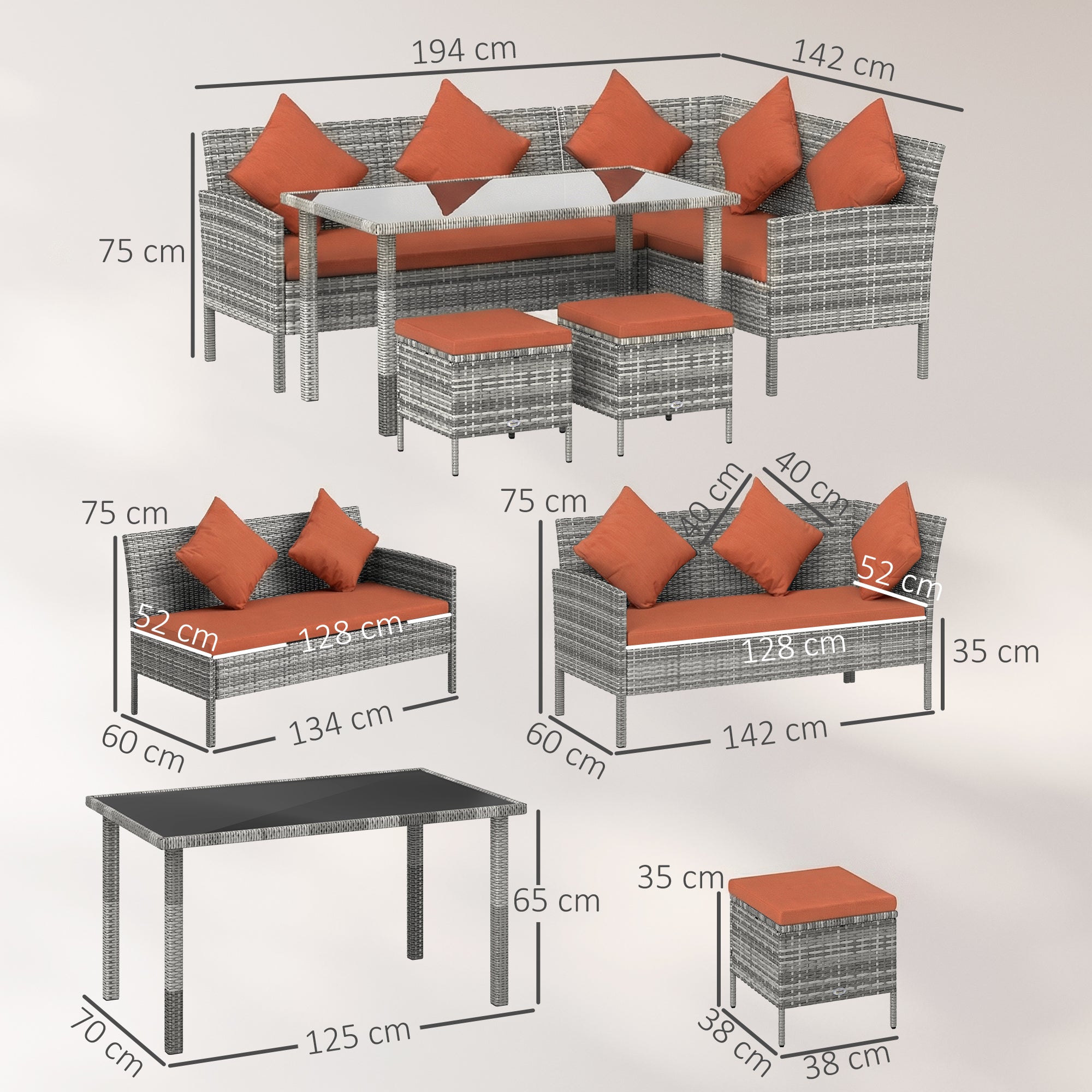 Outsunny 6-Seater Rattan Dining Set Sofa Table Footstool Outdoor w/ Cushion Garden Furniture, Orange 