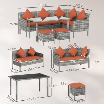 Outsunny 6-Seater Rattan Dining Set Sofa Table Footstool Outdoor w/ Cushion Garden Furniture, Orange 