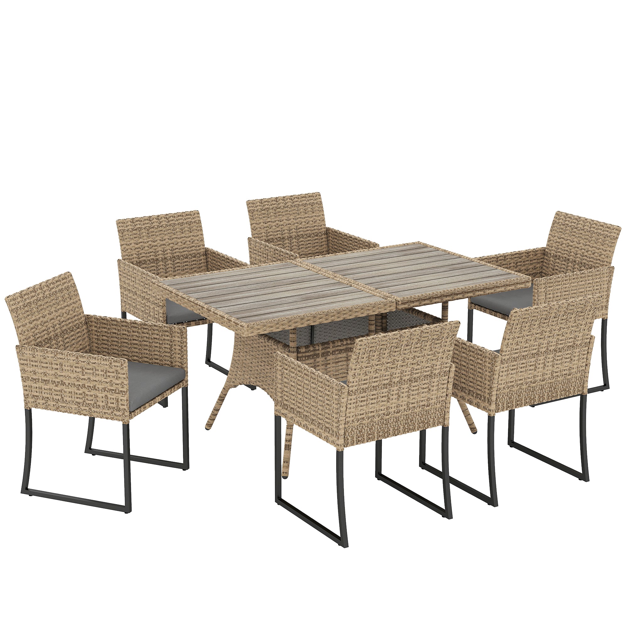 Outsunny 7 Piece Rattan Garden Furniture Set, Garden Dining Set with Wood-Plastic Table and 6 Stackable Chairs, Dark Grey 