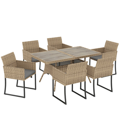 Outsunny 7 Piece Rattan Garden Furniture Set, Garden Dining Set with Wood-Plastic Table and 6 Stackable Chairs, Dark Grey 
