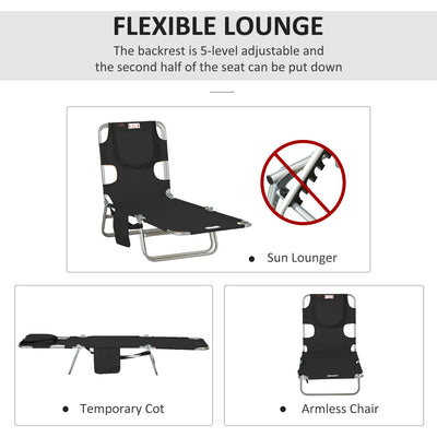 Outsunny Foldable Sun Lounger, Beach Chaise Lounge with Reading Hole, Arm Slots, 5-Position Adjustable Backrest, Side Pocket, Pillow for Patio, Garden, Beach, Pool, Black 