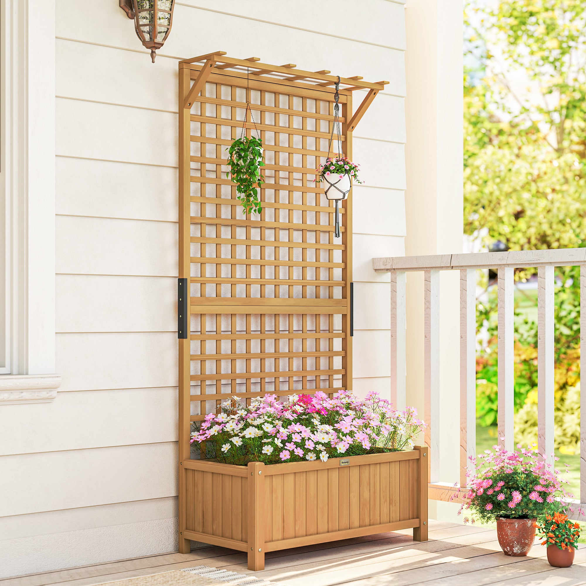 Outsunny Raised Bed with Drainage Holes, Wood Planter with Trellis for Climbing Plants to Grow Vegetables, Flowers, Yellow 