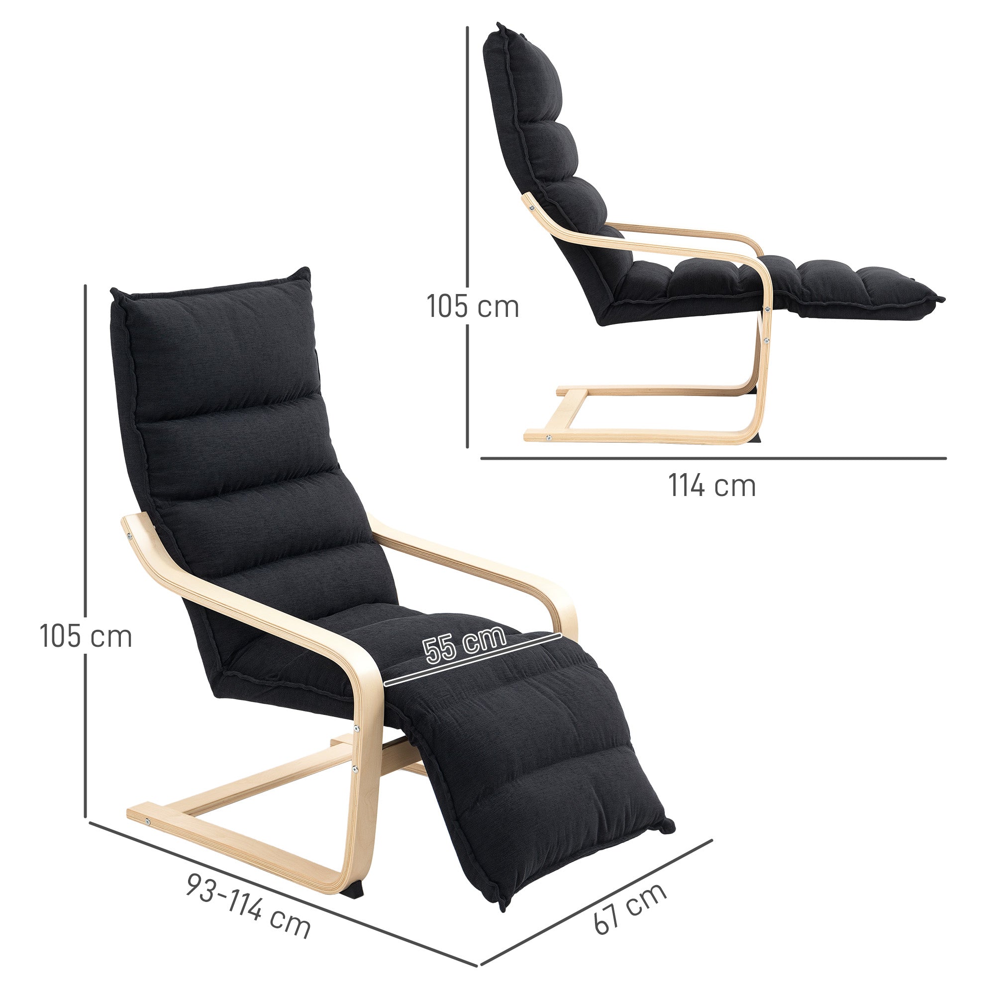 HOMCOM Birch Wood Lounge Chair, Upholstered Recliner Lounge Seat with Adjustable Footrest, Modern Armchair for Living Room, Bedroom, Balcony, Office, Black