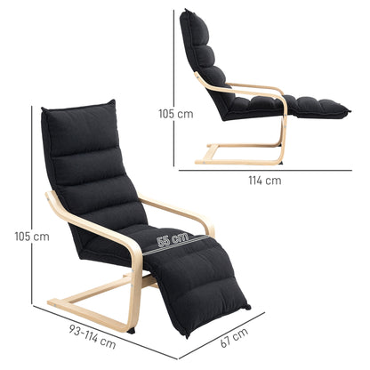 HOMCOM Birch Wood Lounge Chair, Upholstered Recliner Lounge Seat with Adjustable Footrest, Modern Armchair for Living Room, Bedroom, Balcony, Office, Black