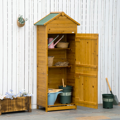 Outsunny Wooden Garden Storage Shed Utility Gardener Cabinet w/ 3 Shelves and 2 Door, 191.5cm x 79cm x 49cm, Natural wood effect 