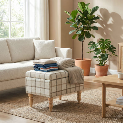 HOMCOM Linen Fabric Upholstered Footstool, Rectangular Storage Stool with Removable Top, Padded Seat and Hidden Space, Brown