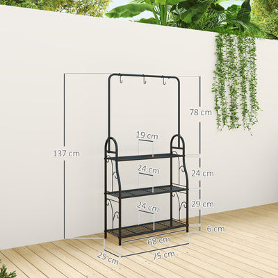 Outsunny 3 Tier Plant Stand with Hanging Rod and Hooks, Metal Plant Rack Shelf, Ladder Flower Pot for Indoor Outdoor Porch Balcony Living Room Bedroom, Black 