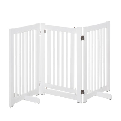 PawHutPet Gates MDF Freestanding Expandable Dog Gate Wood Doorway Pet Barrier Fence w/ Latched Door White 