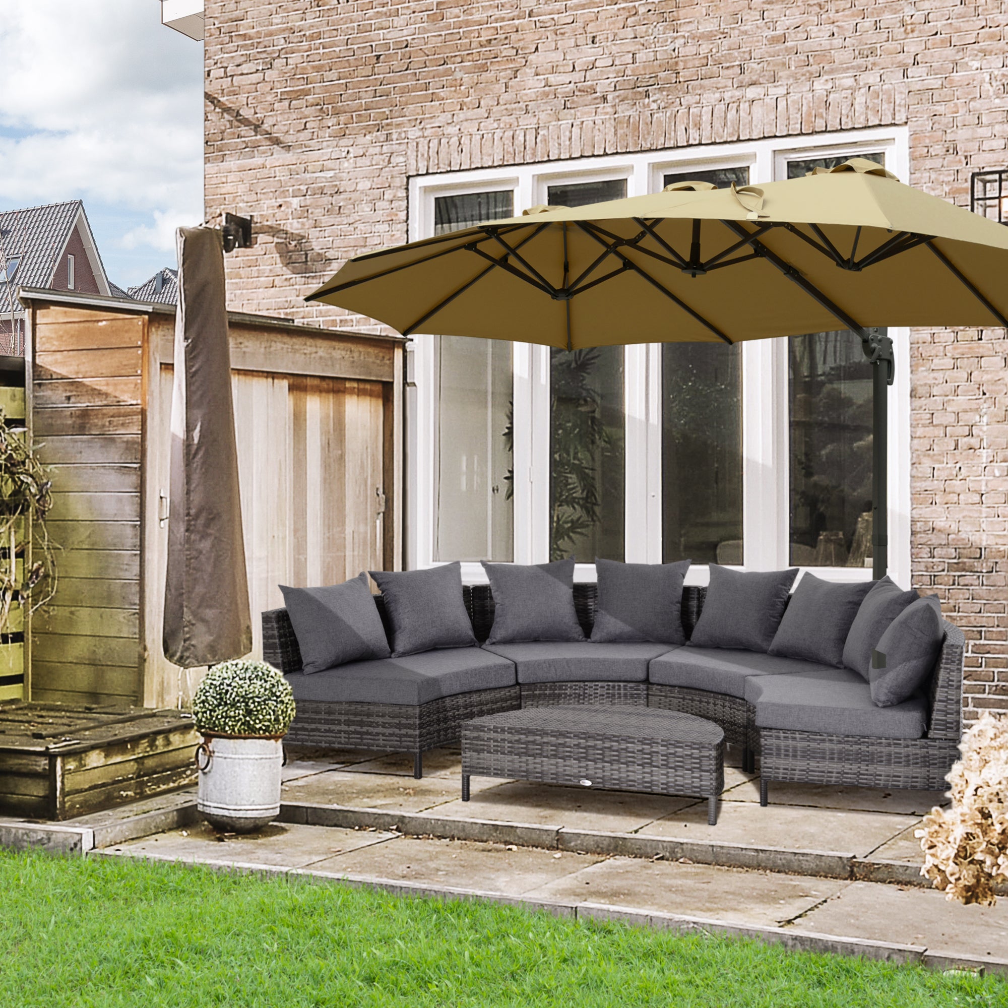 Outsunny 5 Pieces Rattan Garden Furniture Set, 4 Seater Half-Round Garden Sofa Set with Thickened Cushions, Wicker Conservatory Furniture with 4 Chairs, Rattan Coffee Table and Pillows, Grey 