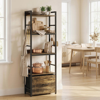 HOMCOM 4-Tier Bookshelf, Narrow Bookcase with Drawer, 8 Hooks, Metal Frame, Rustic Brown 