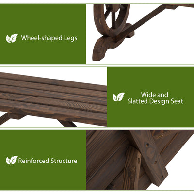 Outsunny Garden Rustic Wooden Bench Wheel-Shaped Legs Slatted Seat Stable Reinforced Structure Outdoor Patio Garden 2-Person Bench Seat - Brown 