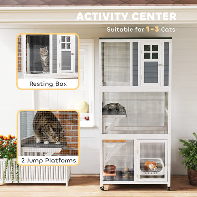 PawHut Wooden Catio Cat Outdoor Enclosure, Cat Cage with Waterproof Roof, Platforms, for Multiple Cats, White 
