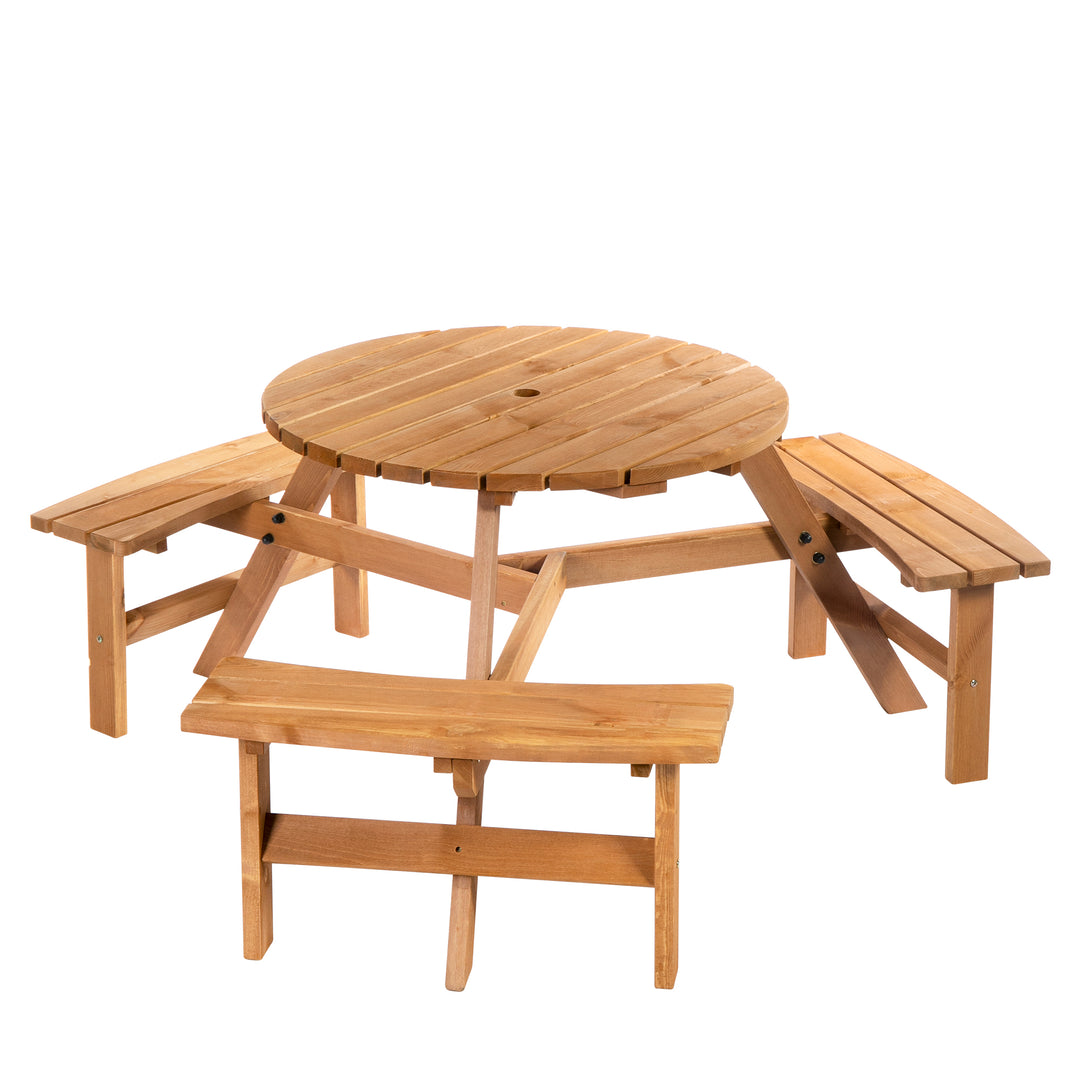 Outsunny 6 Seater Wooden Picnic Table and Garden Benches Set, Round Garden Dining Set with 3 Benches and Umbrella Hole Outdoor Garden Park, Brownish Red 