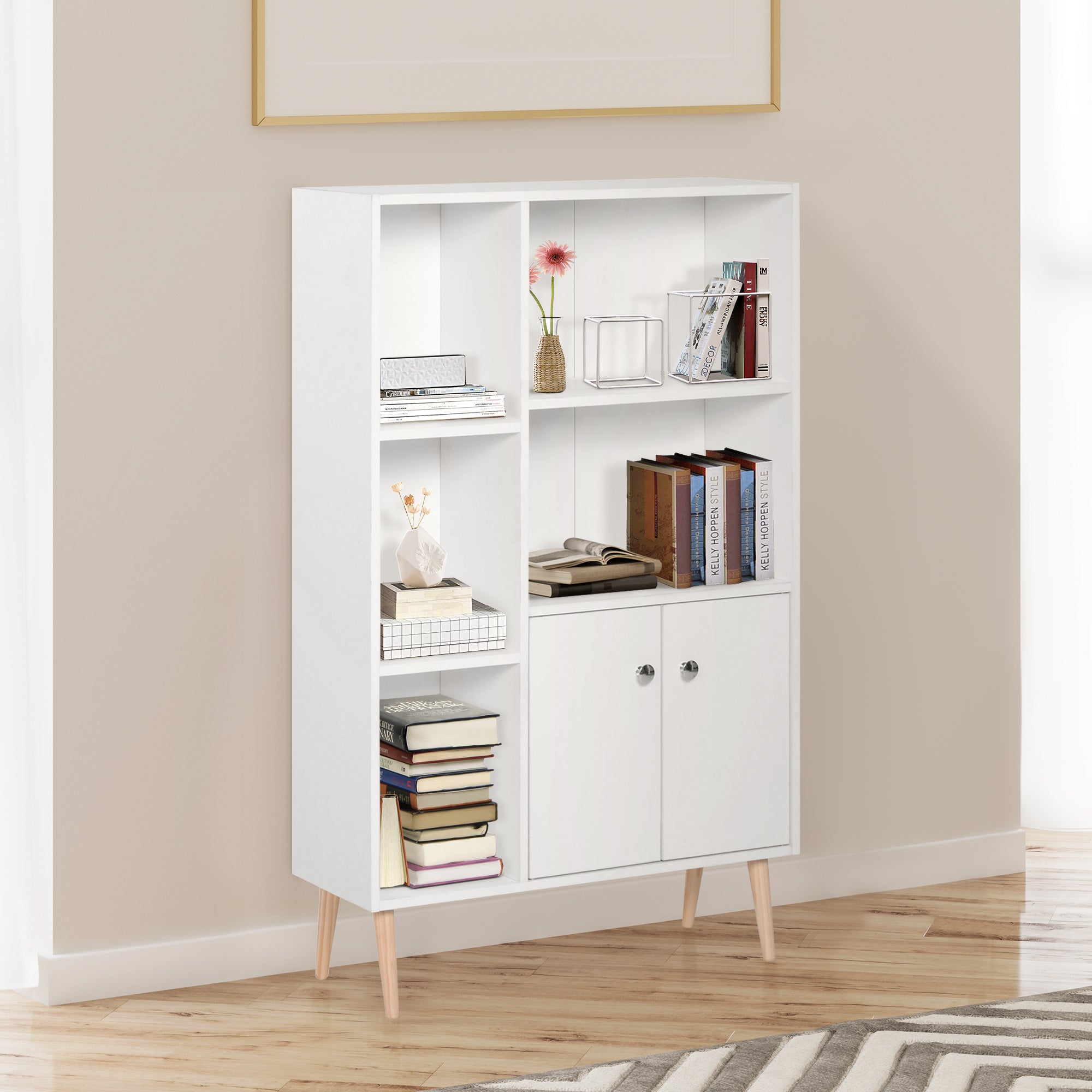 HOMCOM Sideboard Storage Cabinet Cupboard, Open Bookcase with 2 Doors 5 Compartments Wooden Modern Style for Living Room Bedroom Kitchen 80 x 23 x 123 cm, White 