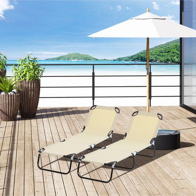 Outsunny 2 Piece Foldable Sun Loungers with 5-Position Adjustable Backrest, Outdoor Portable Recliner Chaise Lounge Chairs with Breathable Mesh Fabric, Beige 