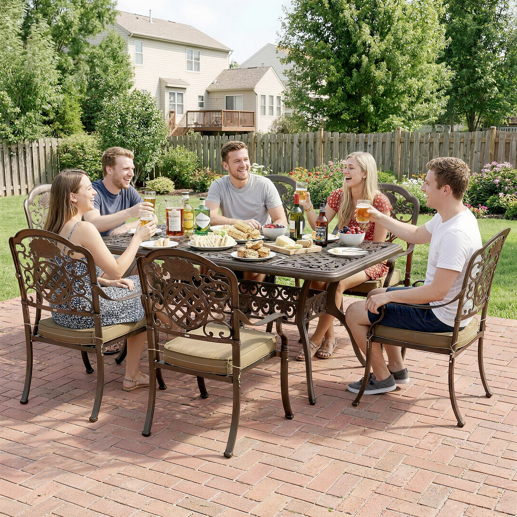 Outsunny Garden Dining Set for 6, Cast Aluminium Outdoor Table and Chairs Set with Cushions, Parasol Hole for Patio, Bronze Tone 