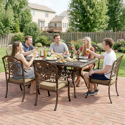 Outsunny Garden Dining Set for 6, Cast Aluminium Outdoor Table and Chairs Set with Cushions, Parasol Hole for Patio, Bronze Tone 