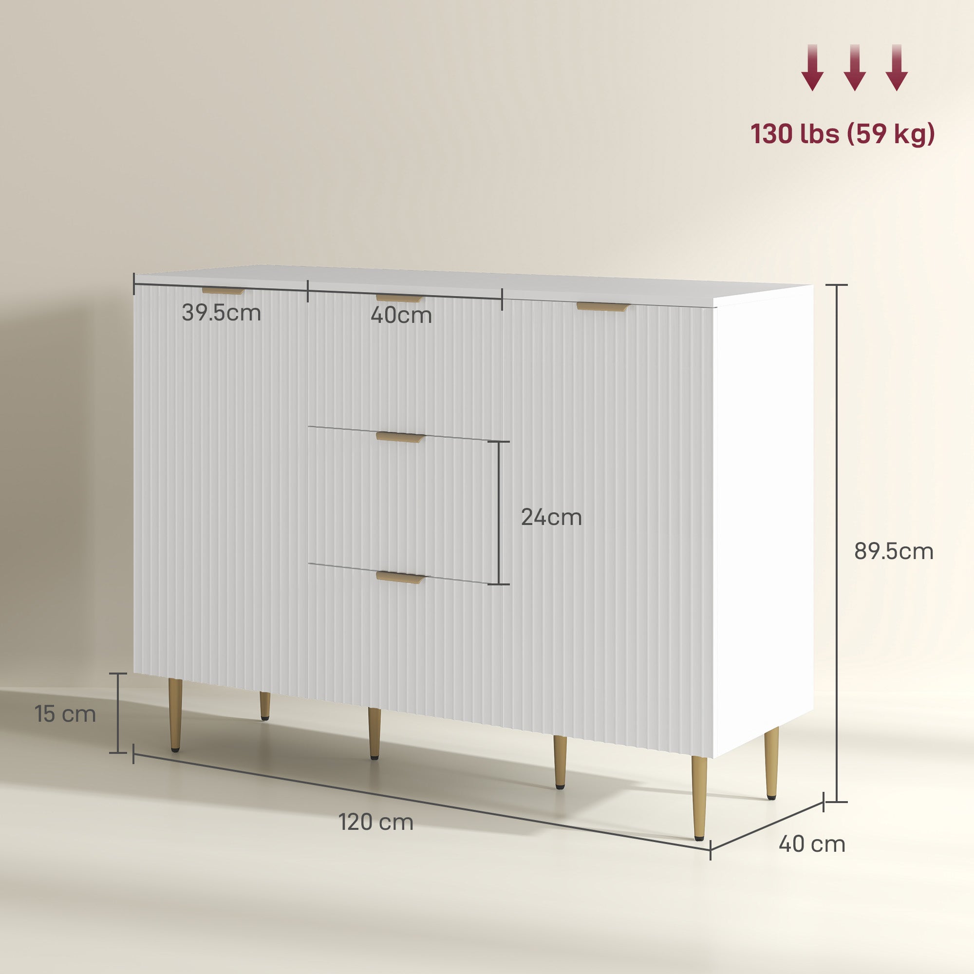 HOMCOM Sideboard Buffet Cabinet, Modern Kitchen Storage Cabinet with 3 Drawers and Adjustable Shelves, Living Room Cabinet with Metal Legs for Hallway, White 