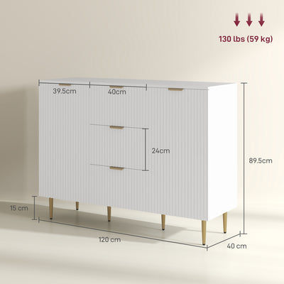 HOMCOM Sideboard Buffet Cabinet, Modern Kitchen Storage Cabinet with 3 Drawers and Adjustable Shelves, Living Room Cabinet with Metal Legs for Hallway, White 
