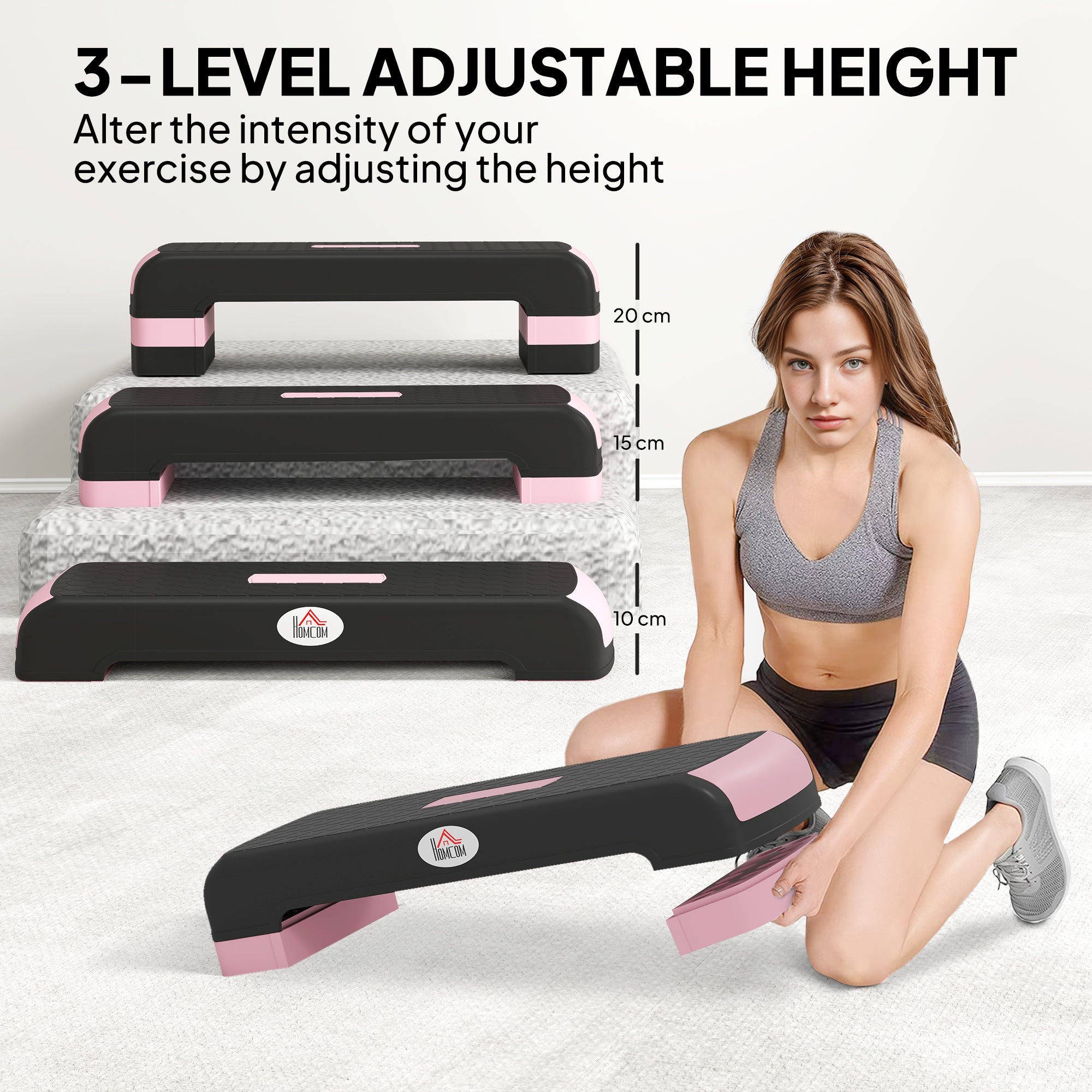 HOMCOM Aerobic Step with 3-Level Adjustable Heights for Home, Office Exercise, Black and Pink