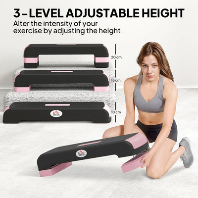 HOMCOM Aerobic Step with 3-Level Adjustable Heights for Home, Office Exercise, Black and Pink 