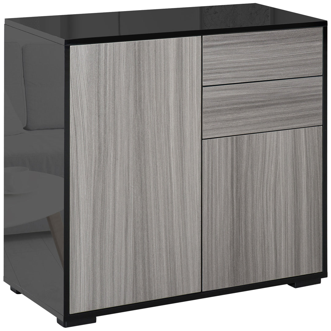 HOMCOM High Gloss Frame Sideboard, Push-Open Design with 2 Drawer for Living Room, Bedroom, 74H x 79W x 36Dcm, Light Grey and Black 