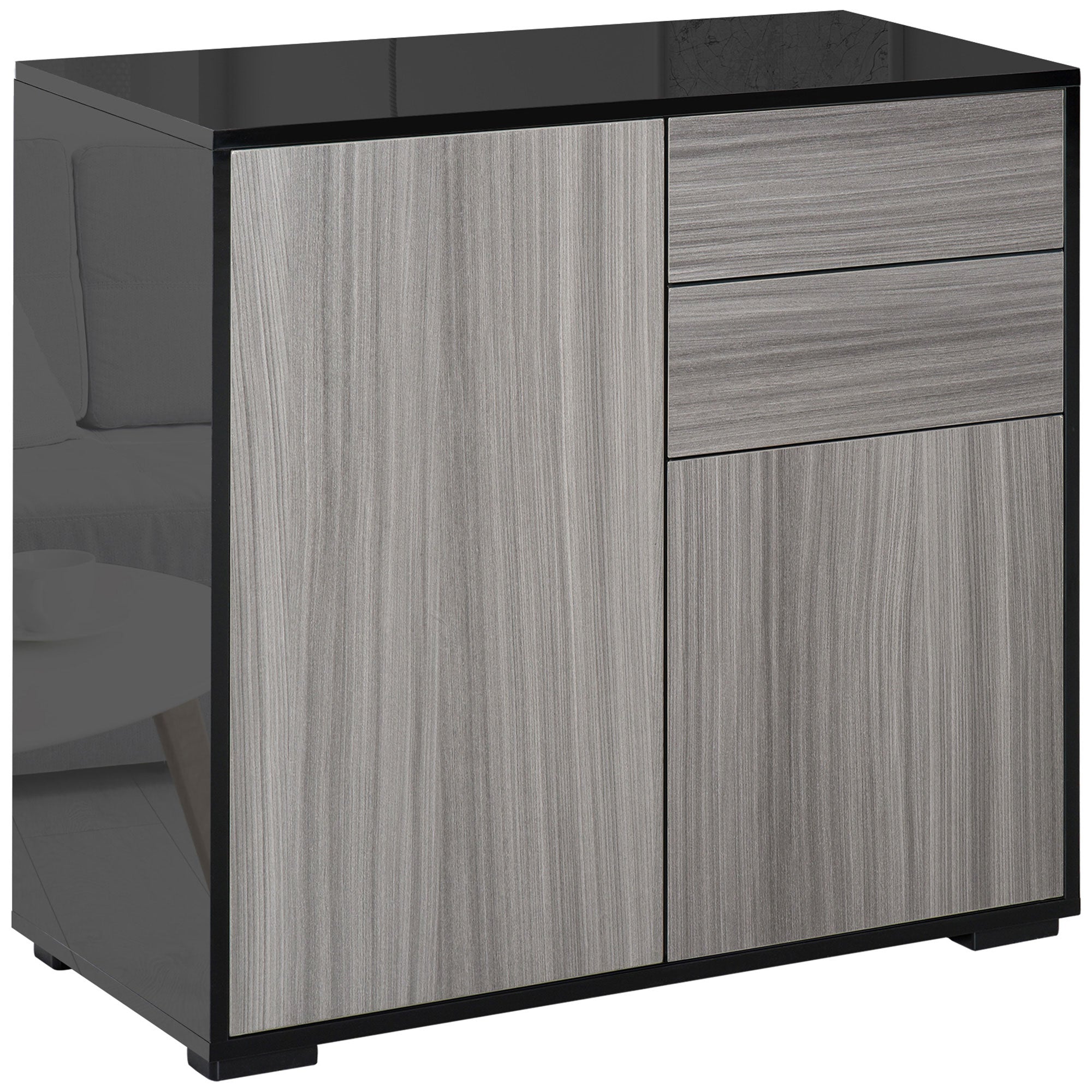 HOMCOM High Gloss Frame Sideboard, Push-Open Design with 2 Drawer for Living Room, Bedroom, 74H x 79W x 36Dcm, Light Grey and Black 