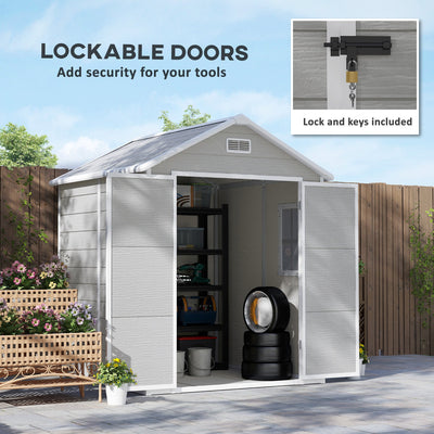 Outsunny 6 x 5ft Garden Shed, Plastic Shed with Floor, Window, Lockable Doors and Vents, Wood Effect Resin Tool Shed for Outdoor Patio, Dark Grey 