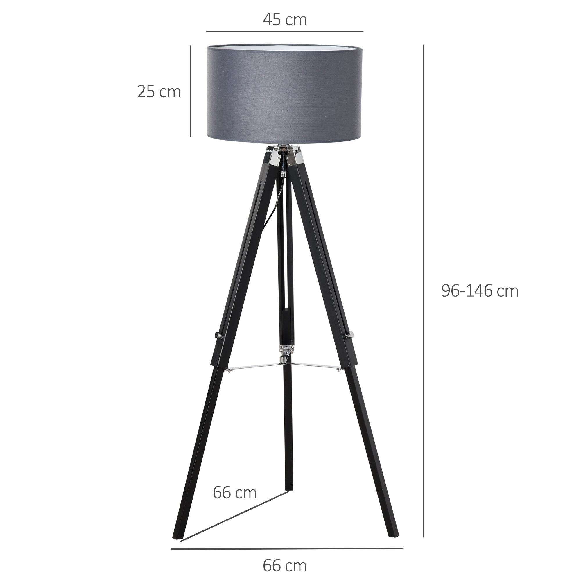HOMCOM Modern Tripod Floor Lamps for Living Room with Fabric Lampshade, Standing Lamp for Bedroom Bulb not Included, Grey and Black 