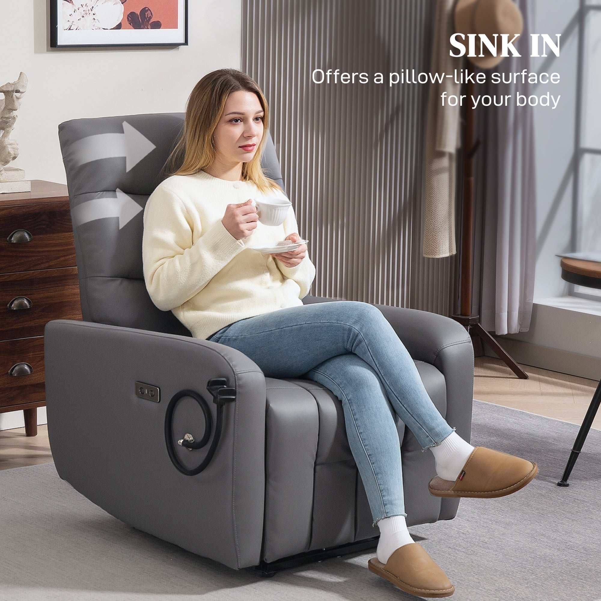 HOMCOM Electric Recliner Armchair with USB + Type C Charge Port, Phone Holder, PU Leather Reclining Chair with Adjustable Leg Rest, Recliner Chair for Home Living Room Theater, Grey 